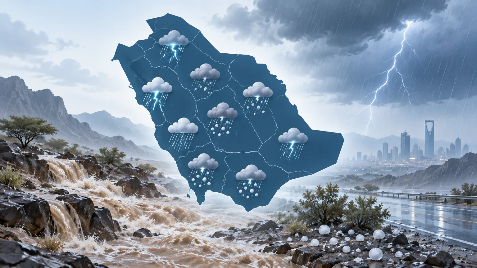 الأرصاد: أمطار رعدية وسيول وبَرَد على 9 مناطق اليوم